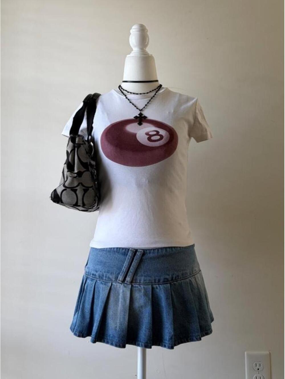 Edikted Y2K White 8 Ball Graphic Baby Tee Retro 2000s Fitted Top